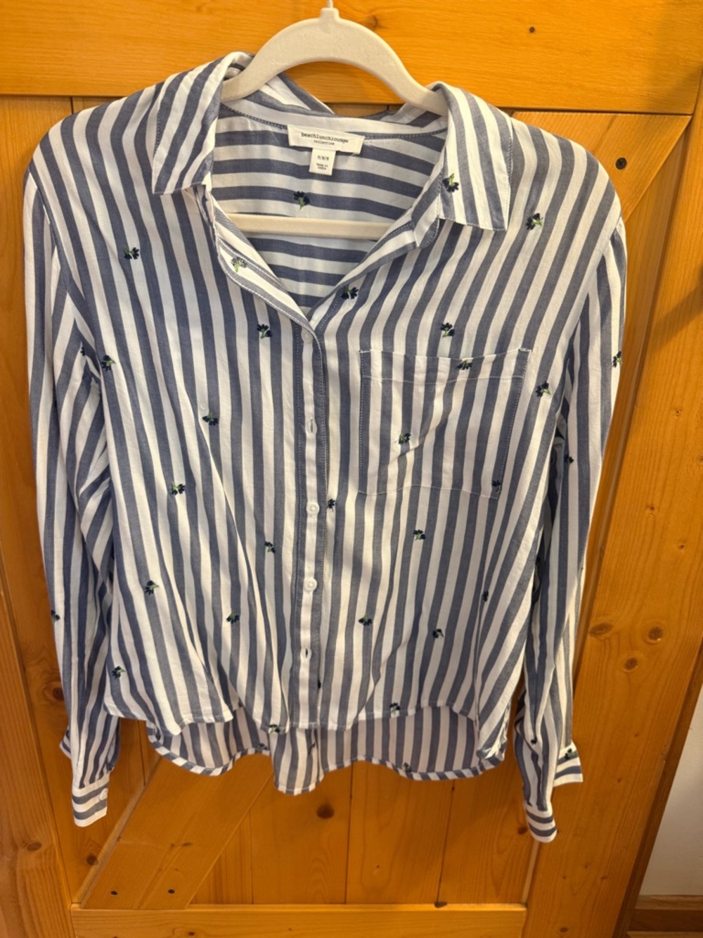 Striped Blue and White Button-Up Shirt with Floral Embroidery